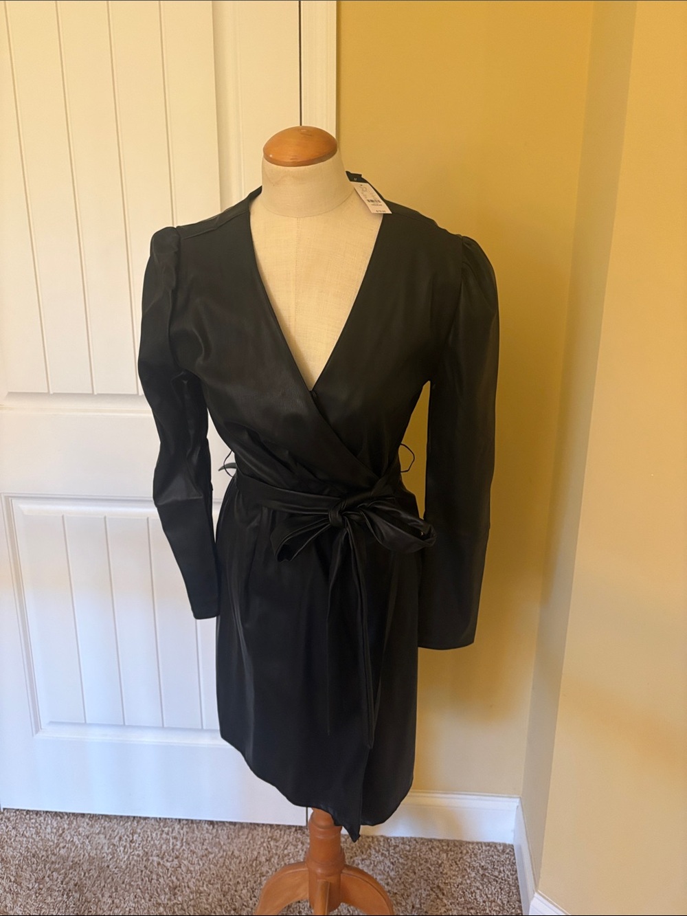 Black Faux Leather Wrap Dress with Tie Waist